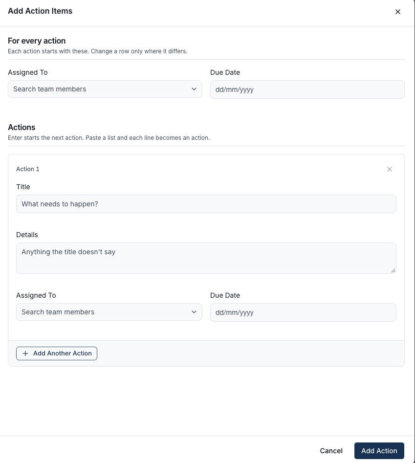 The Add Action Items drawer with defaults for every action and an action row