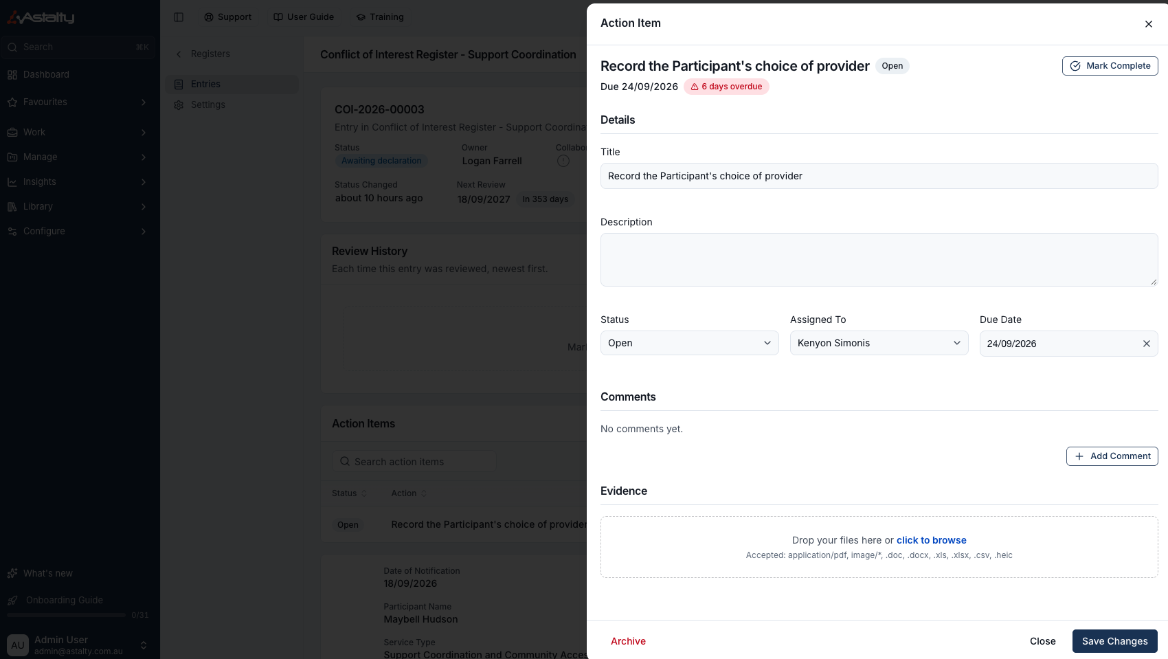 An action item showing its title, description, status, due date, assignee, comments and evidence
