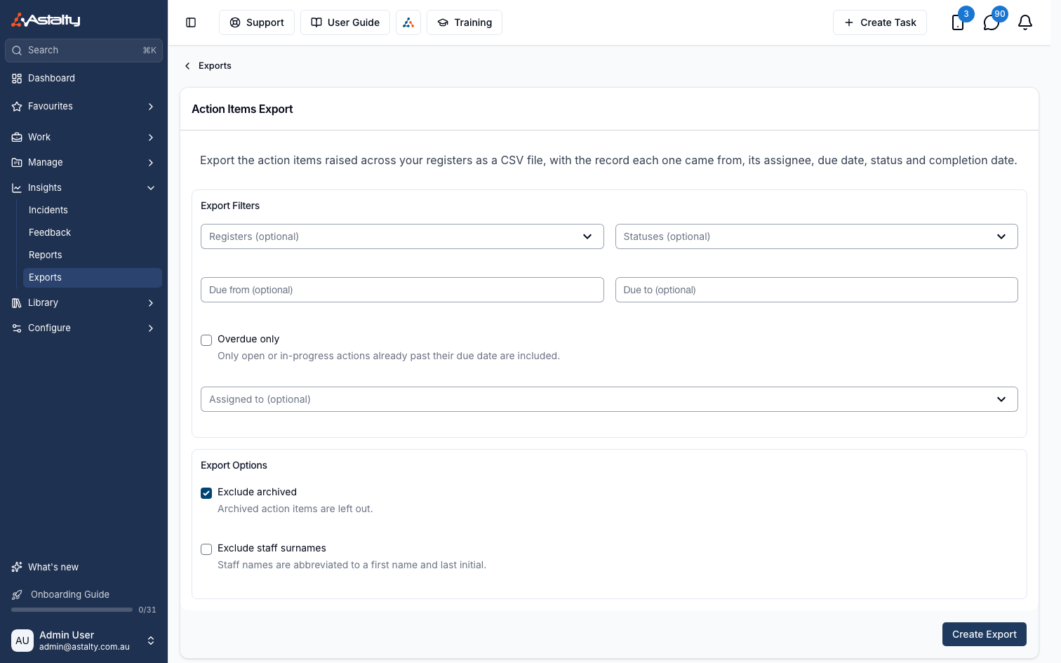 The Action Items Export form with register, status, due date and assignee filters