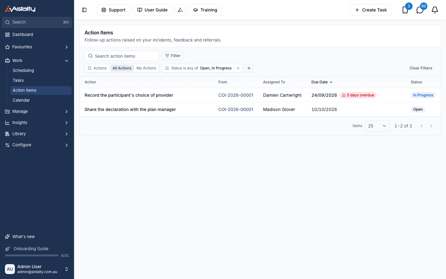 The Action Items page listing actions with the record they came from, assignee, due date and status