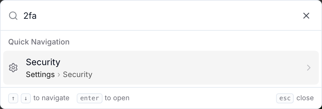 The Quick Action Menu with "2fa" typed, returning the Security page under Settings