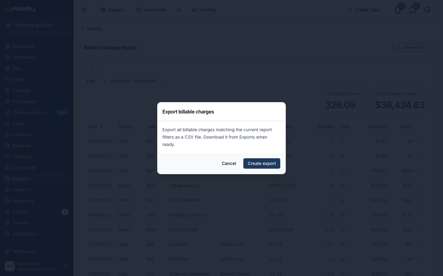 The Export billable charges dialog, with Cancel and Create export buttons.
