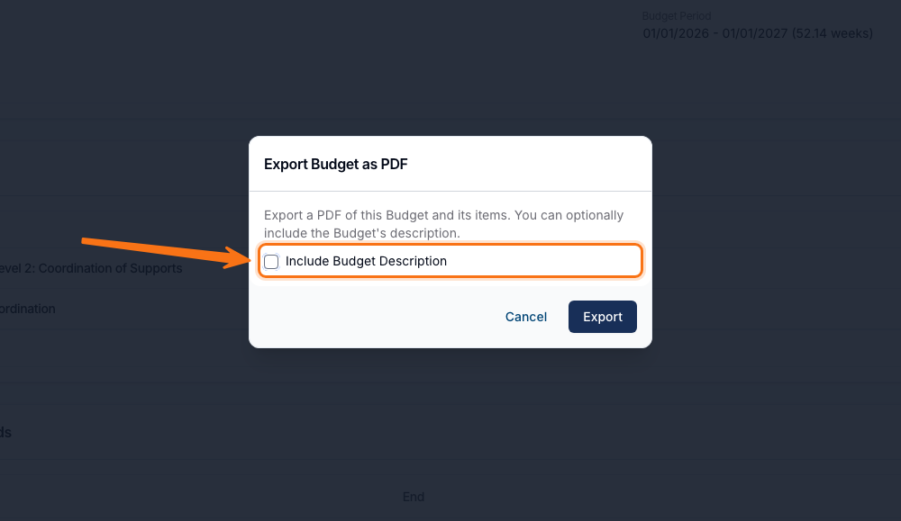The Export Budget as PDF window with a single unticked Include Budget Description checkbox above Cancel and Export buttons.