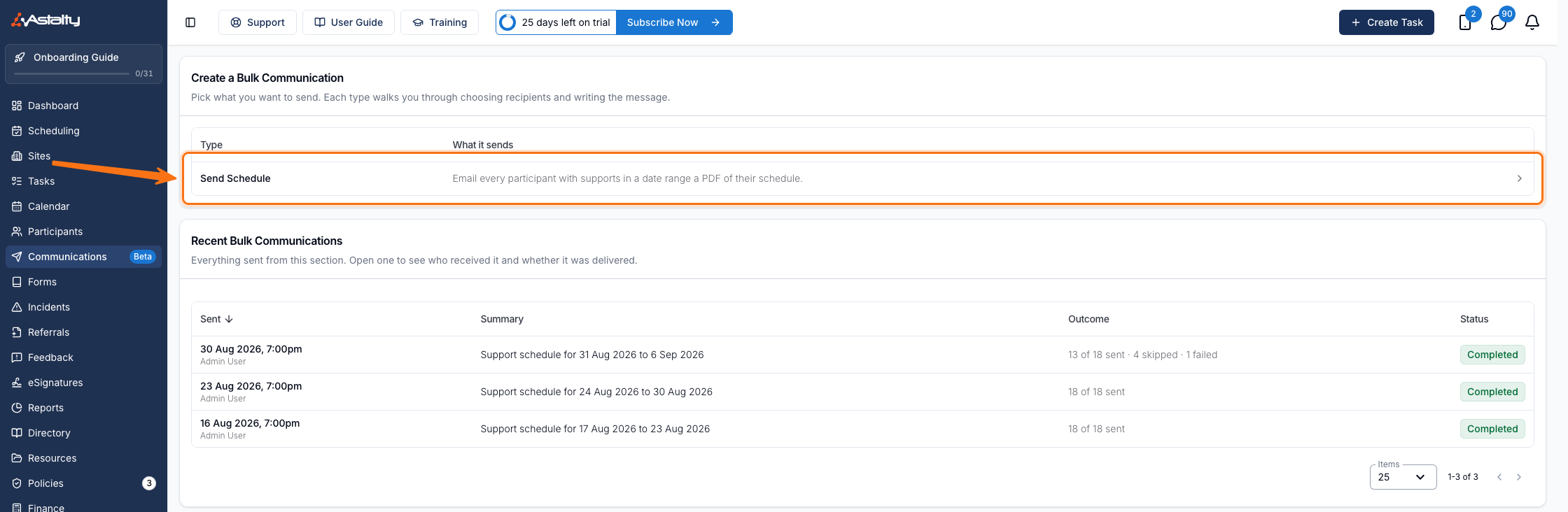 The Communications page, with Send Schedule highlighted in the Create a Bulk Communication table and three past sends listed under Recent Bulk Communications.