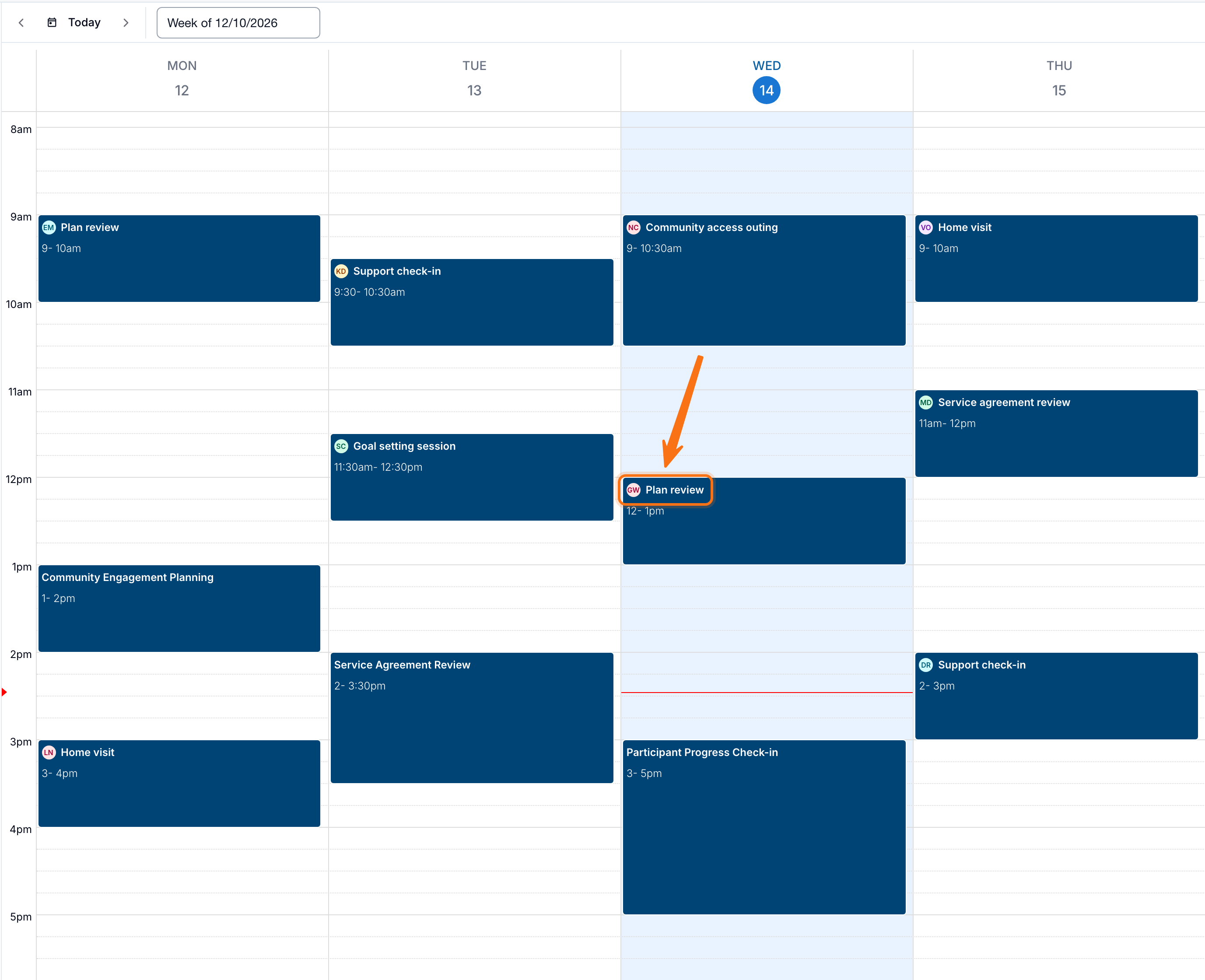 The weekly Calendar view with events such as Plan review, Support check-in and Home visit, each showing the Participant's initials in a small coloured badge before the event name. An orange arrow points to the GW badge on a Plan review event. Events without a linked Participant, such as Community Engagement Planning, have no badge.