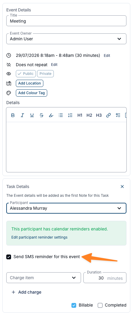 A calendar event form showing the 'Send SMS reminder for this event' toggle on, with a note that the participant has calendar reminders enabled.