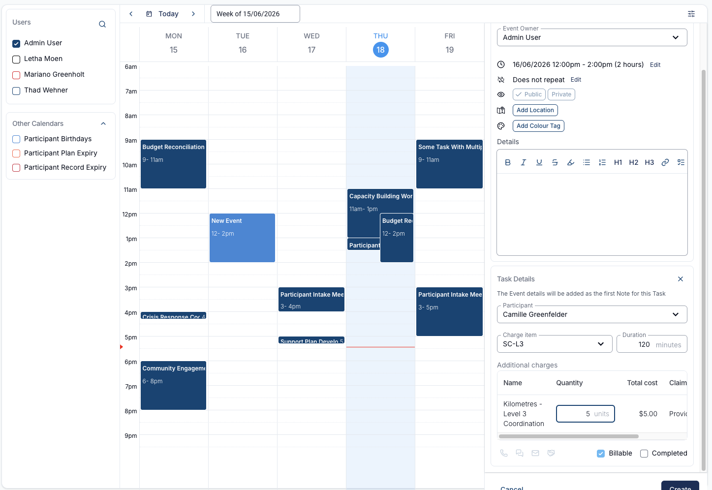 The Task Details panel on a calendar event showing an Additional charges section with a kilometres charge item and quantity.