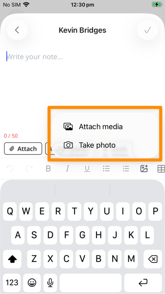 The same Support Worker app case note screen after tapping the photo icon, with a highlighted menu offering two options: Attach media and Take photo.