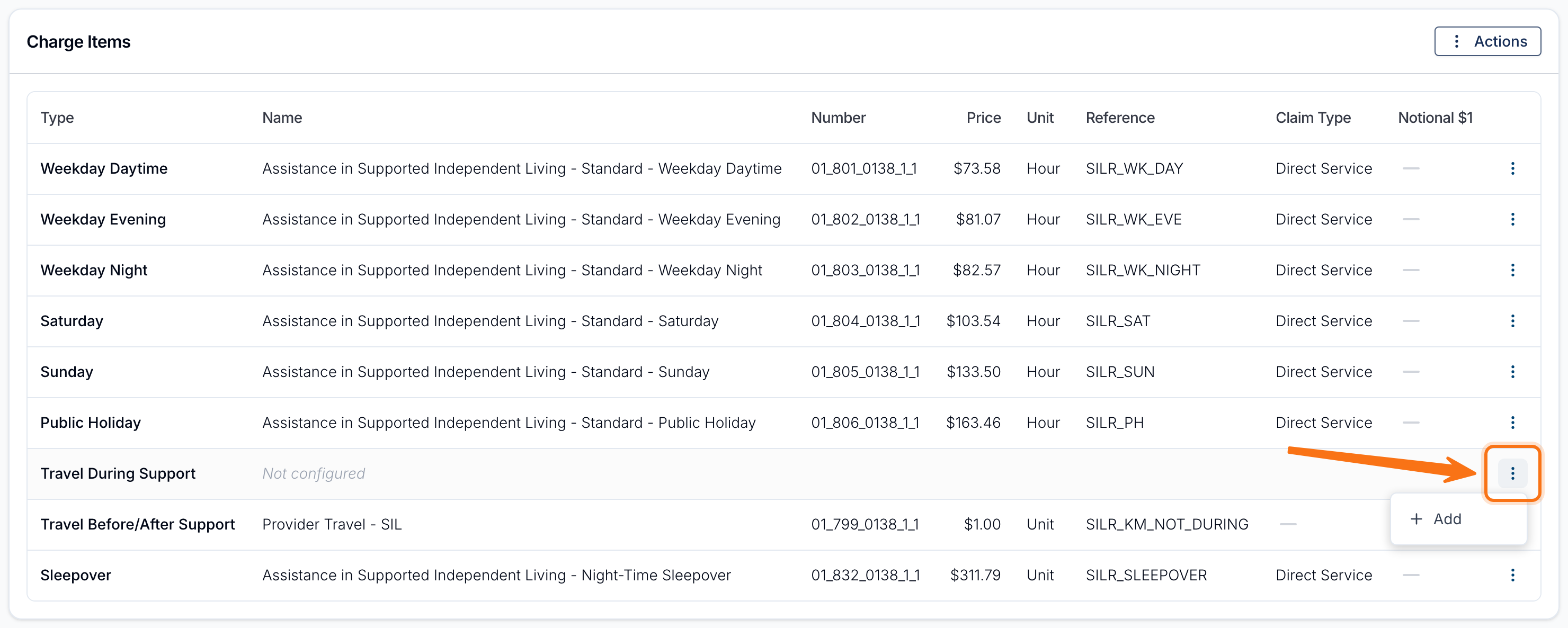 The Charge Items table on a Supported Independent Living Charge Item Set. The Travel During Support row shows Not configured in place of a Charge Item, and an orange arrow points to its highlighted three-dot menu button, which is open showing a single Add option. The Travel Before/After Support row below it has a Charge Item, Provider Travel - SIL.
