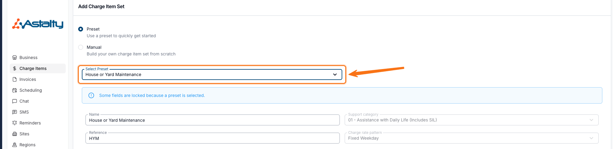 The Add Charge Item Set form with House or Yard Maintenance chosen in the Select Preset drop down, showing the prefilled Name, Reference, Support Category and Charge Rate Pattern.