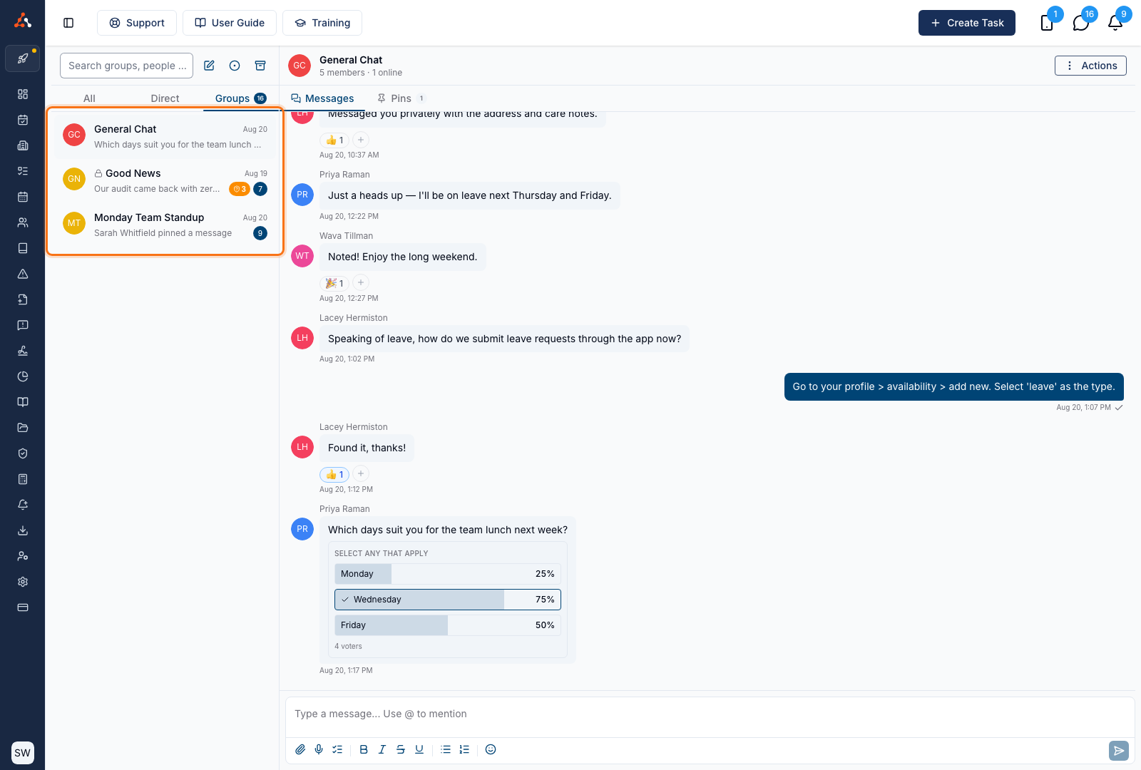 The Groups tab selected, with the chat list showing only group channels