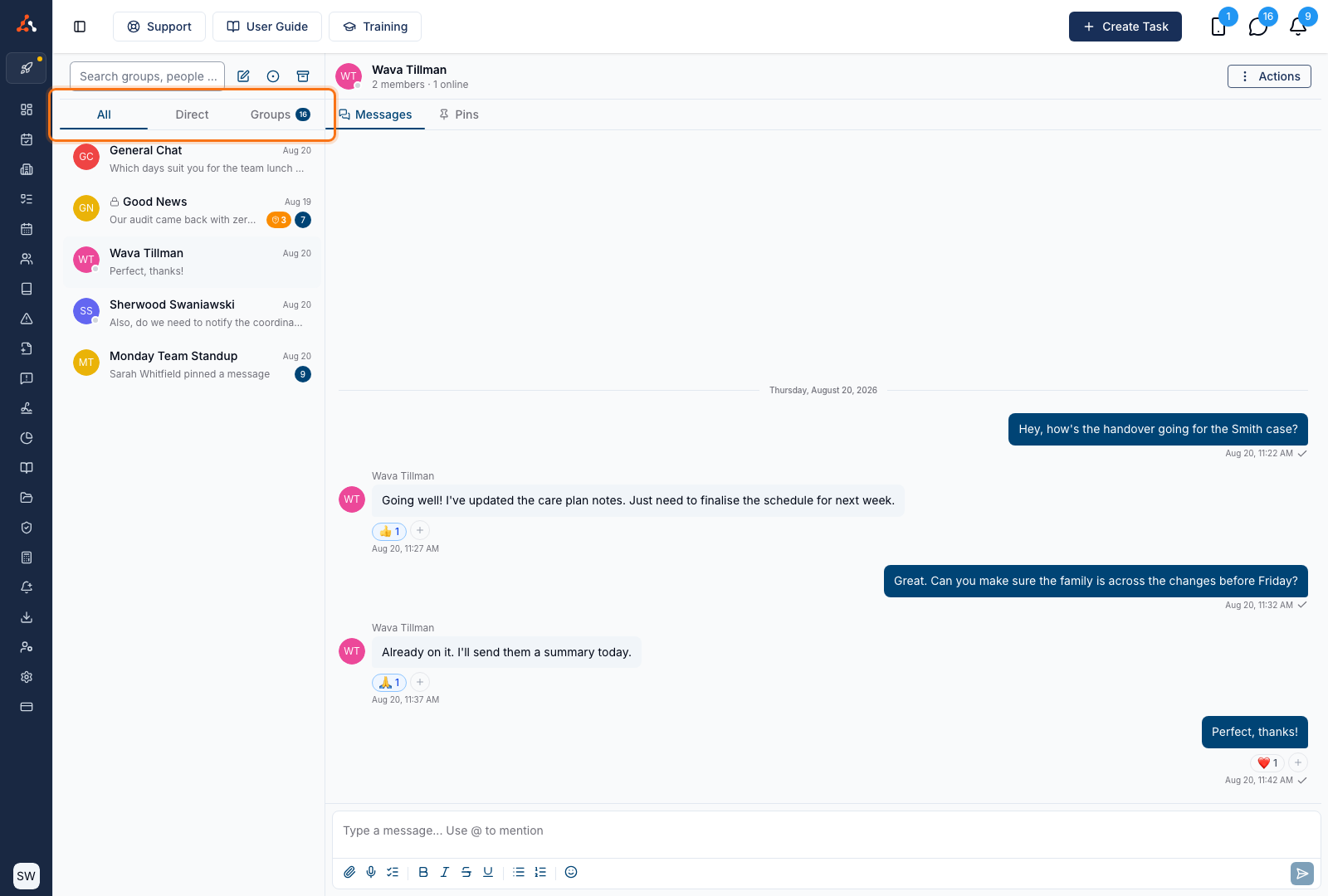 The All, Direct and Groups tabs above the Astalty chat list, with All selected and an unread count on Groups