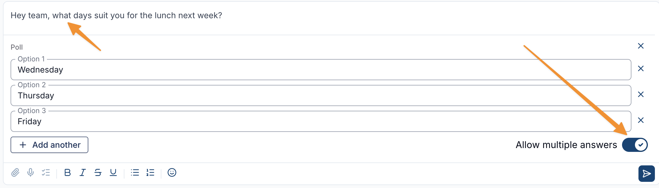 The chat compose area with a question typed in the message box and a Poll panel below it containing Option 1 "Wednesday", Option 2 "Thursday" and Option 3 "Friday", an "Add another" button, and the "Allow multiple answers" toggle switched on.