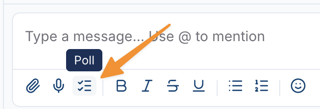 The chat message box formatting toolbar with the Poll icon highlighted, showing its "Poll" tooltip, next to the attachment and voice note icons.
