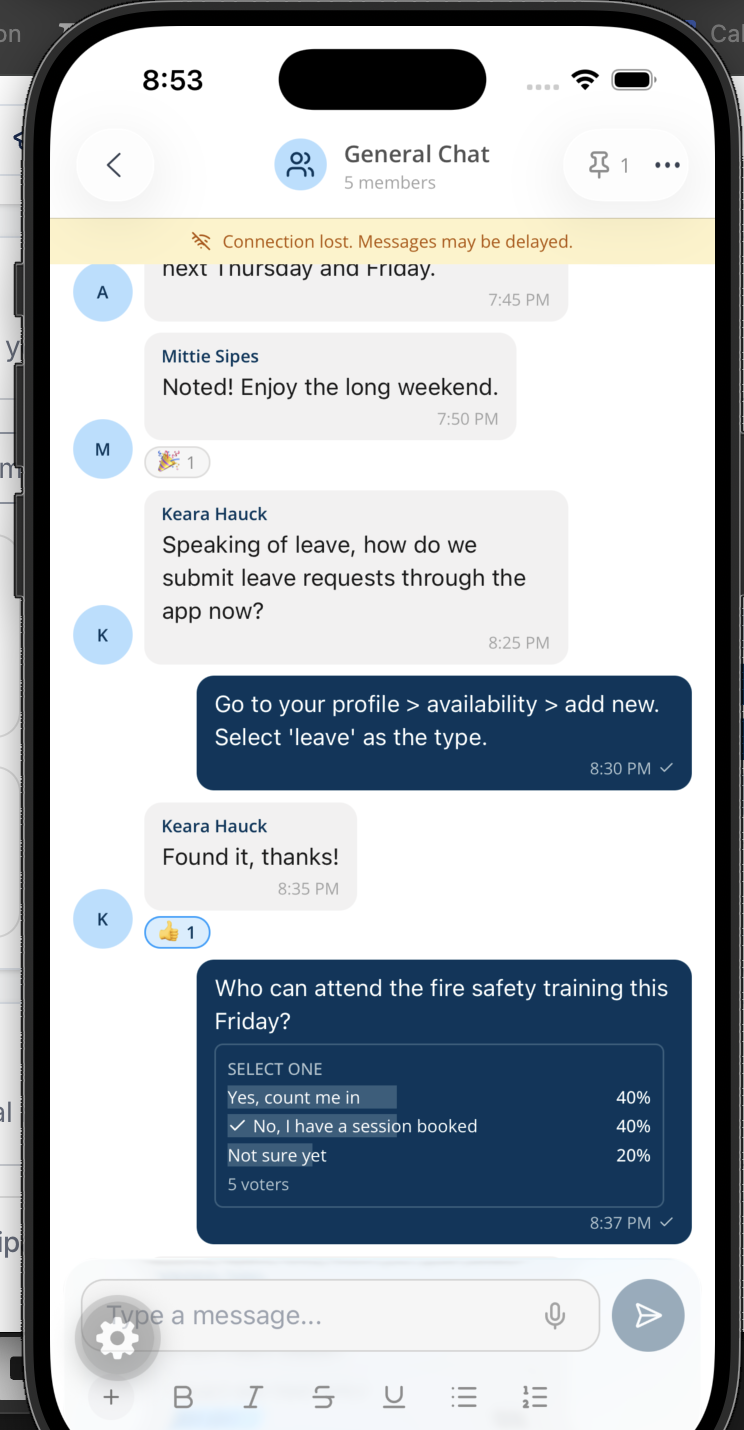 The Astalty mobile app showing a group chat with a poll asking "Who can attend the fire safety training this Friday?" labelled "Select one", with three answers showing percentages and a footer reading "5 voters".