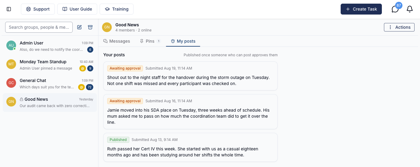 The My posts tab showing two posts awaiting approval and one published