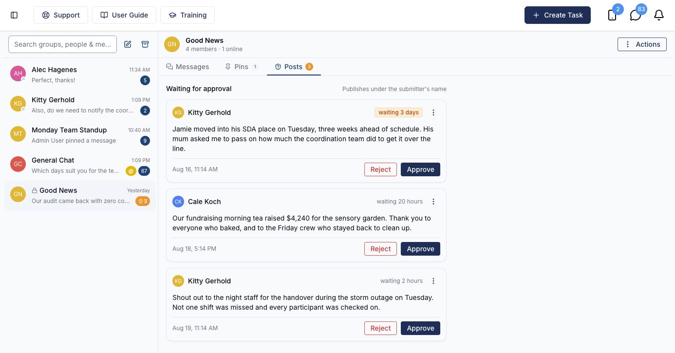 The Posts tab listing three posts waiting for approval, each with Reject and Approve buttons