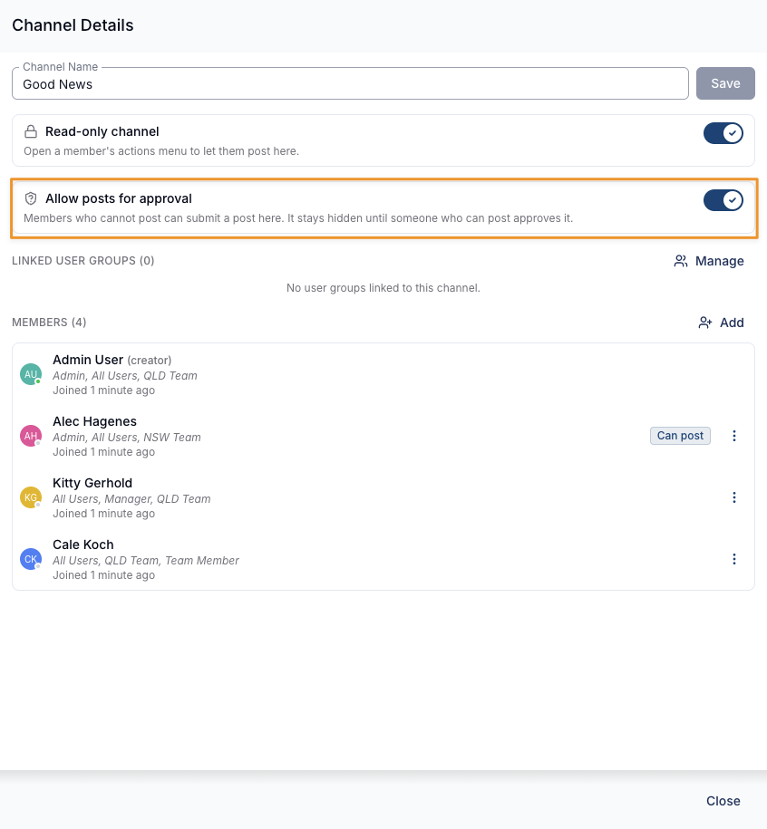 The Channel Details panel with Allow posts for approval switched on beneath Read-only channel