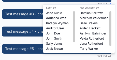The Chat read receipt breakdown showing two side-by-side lists — Seen by on the left with eight names, and Not yet seen by on the right with eight names