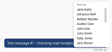 A sent Chat message with the read receipt breakdown open, showing a Seen by list of eight team member names