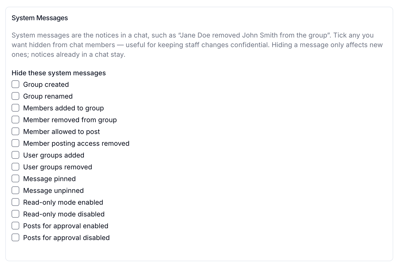 The System Messages section of Chat Settings, with all fourteen notices left unticked