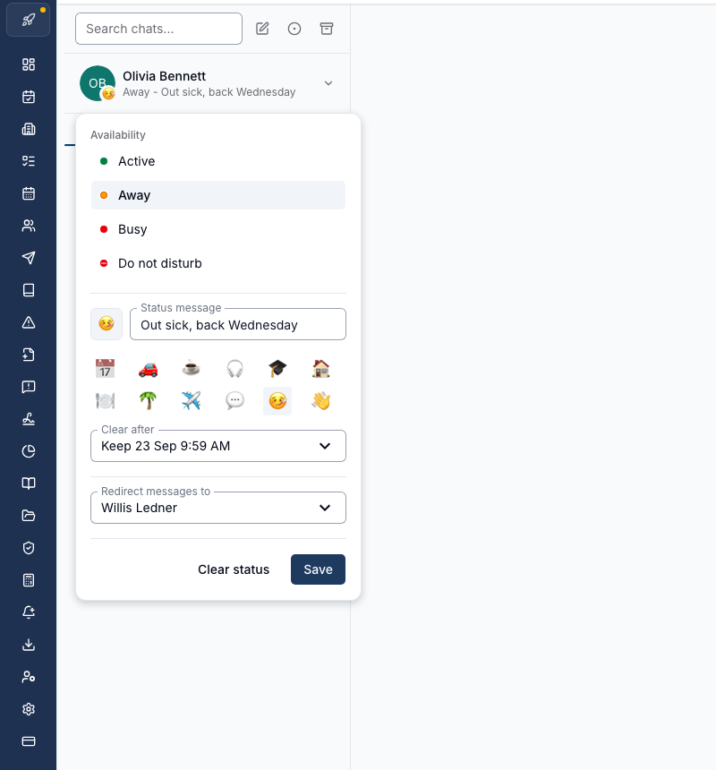 The Chat status picker with the emoji grid open, showing twelve status emoji including a calendar, a car, a coffee cup, headphones and a palm tree