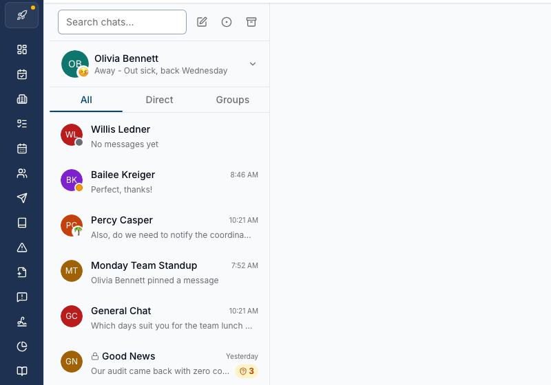 The Chat channel list with the logged-in user's own status row at the top reading Away - Out sick, back Wednesday