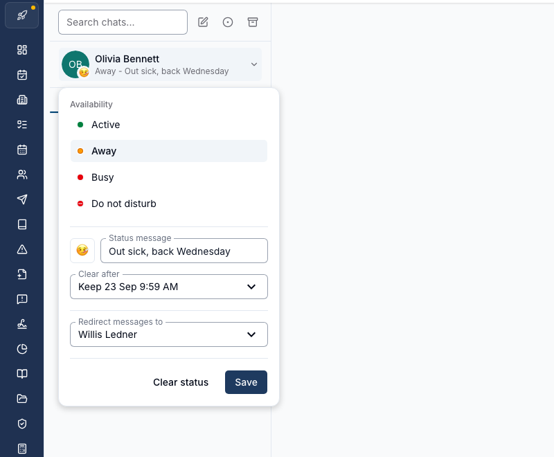 The Chat status picker showing the Availability options Active, Away, Busy and Do not disturb, a Status message field, a Clear after dropdown and a Redirect messages to field