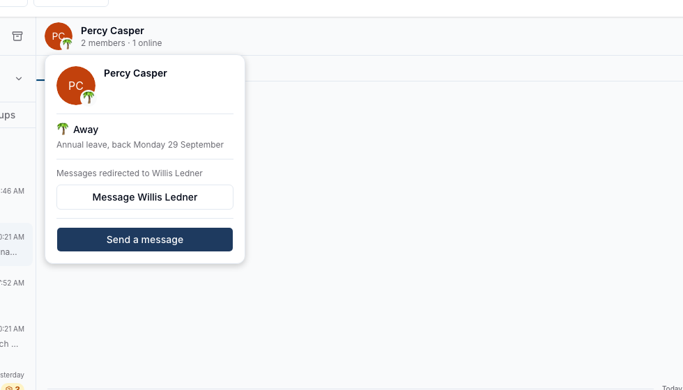 A Chat profile card showing Percy Casper marked Away with the message Annual leave, back Monday 29 September, the line Messages redirected to Willis Ledner, and a Message Willis Ledner button