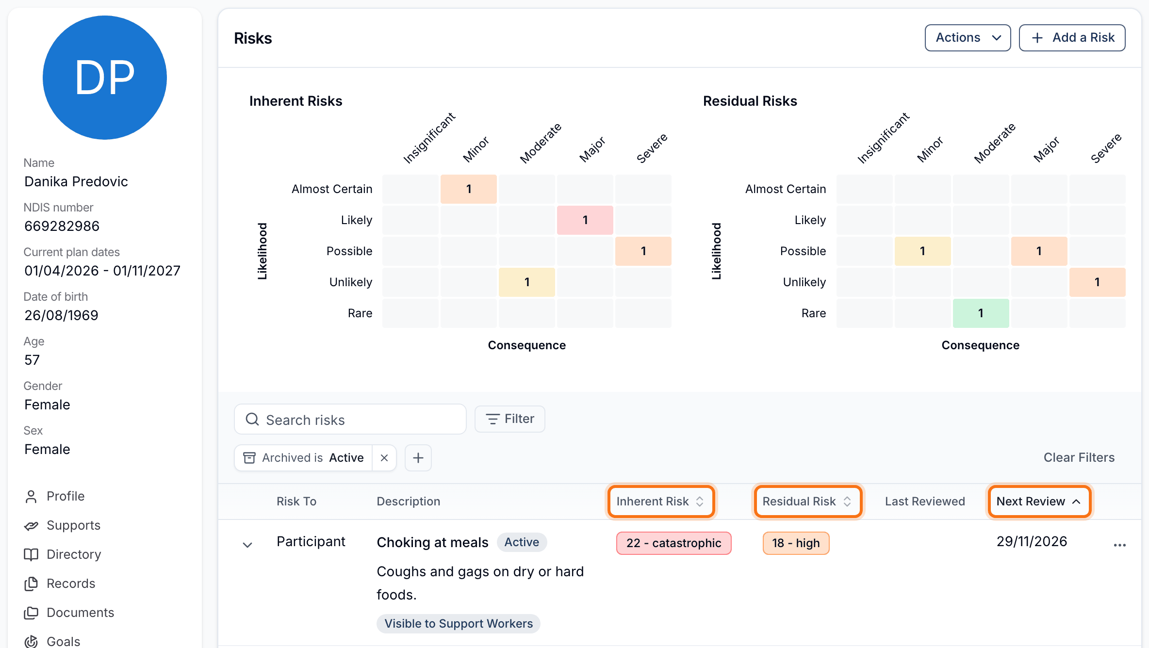 The Risks list on a Participant's profile with the Inherent Risk, Residual Risk and Next Review column headings highlighted, Next Review showing a sort arrow.