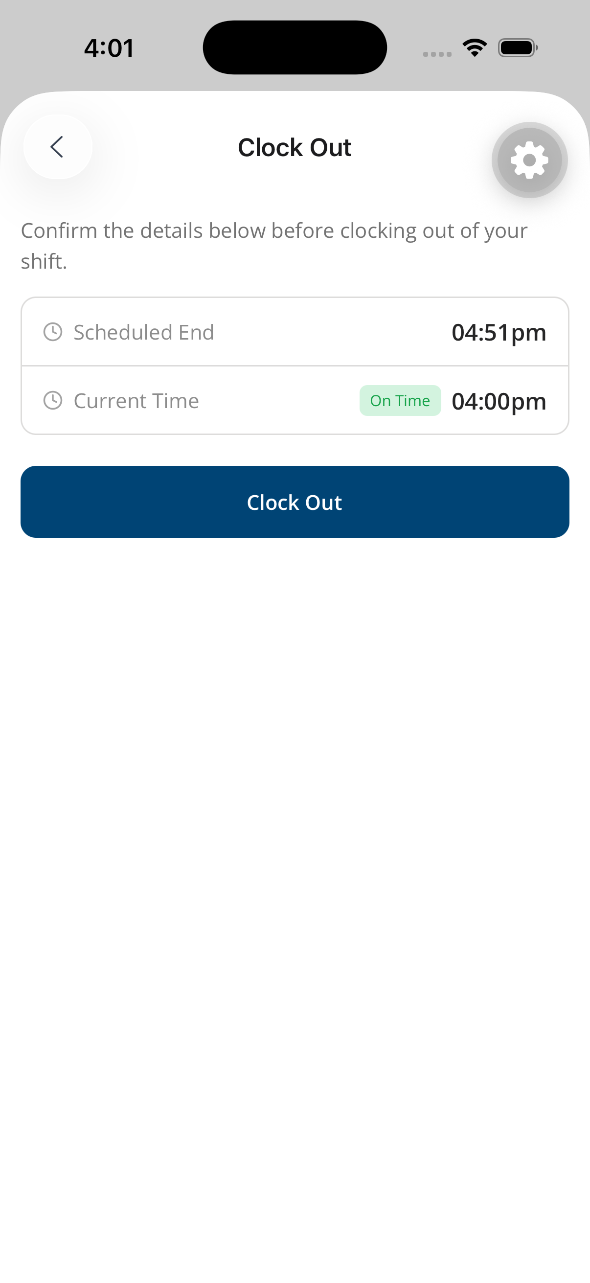 The Clock Out screen with no warning and an enabled Clock Out button.