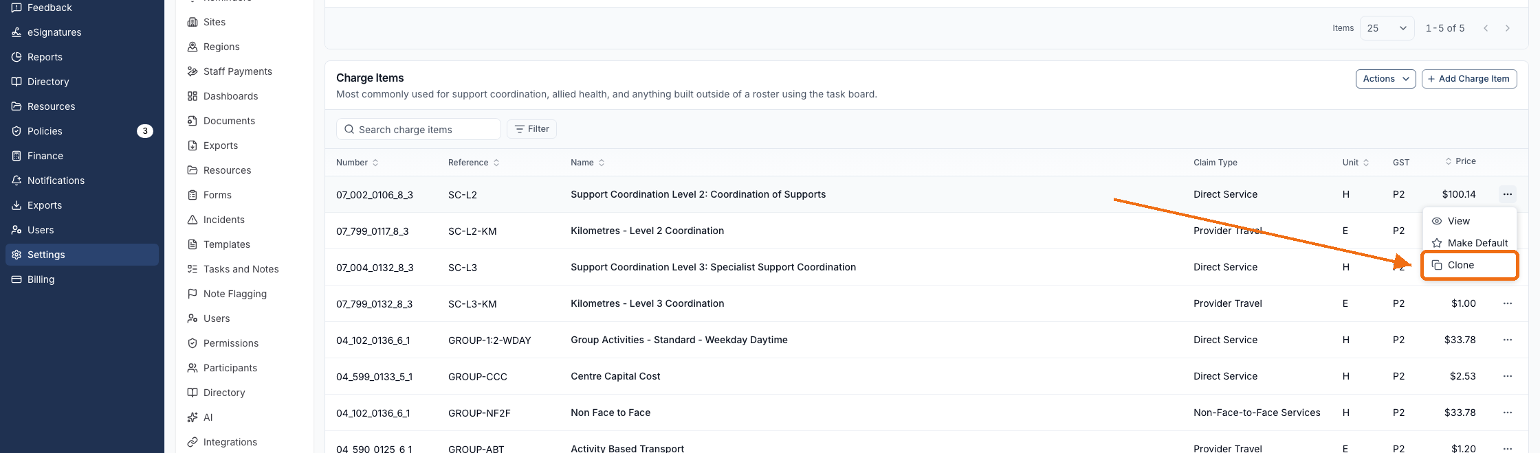 The Charge Items table with the row menu open, showing the View, Make Default and Clone options.