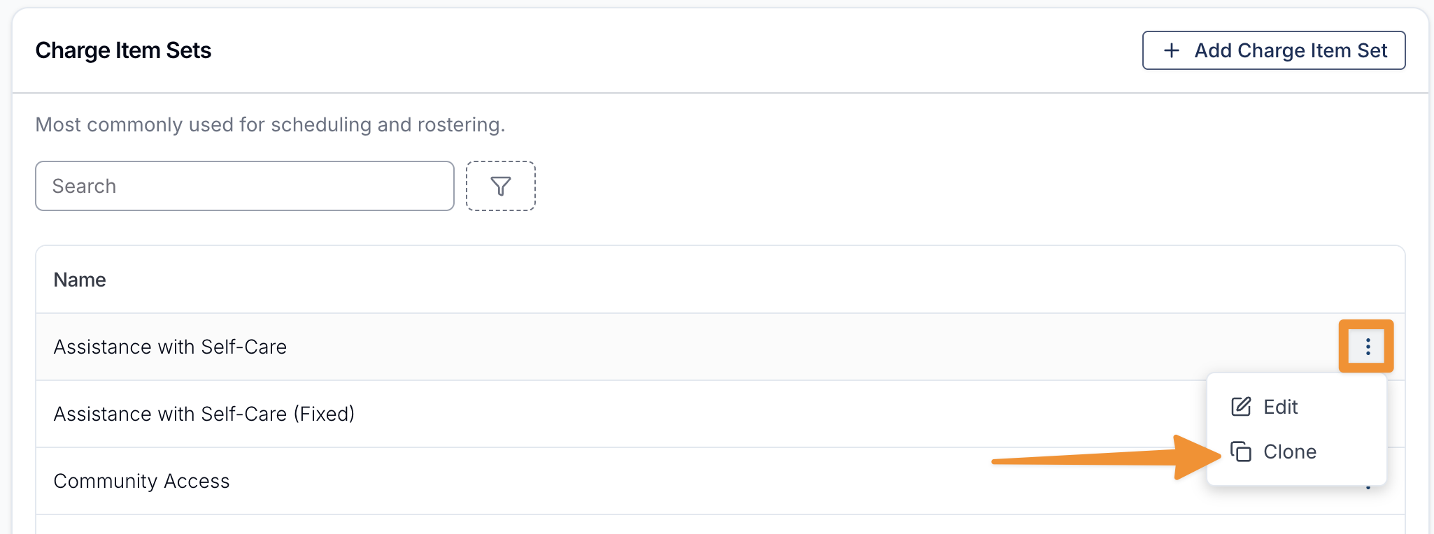 The Charge Item Sets table with the three-dot menu open on a row, showing the Edit and Clone options.