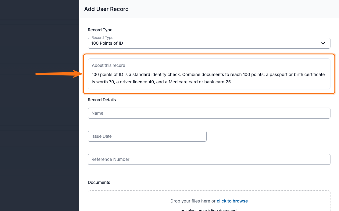 The Add User Record drawer for 100 Points of ID, with the About this record box showing underneath the Record Type dropdown