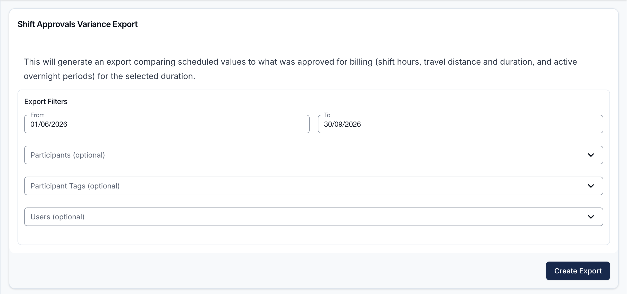 Shift Approvals Variance Export filters showing Participants, Participant Tags, and Users selectors