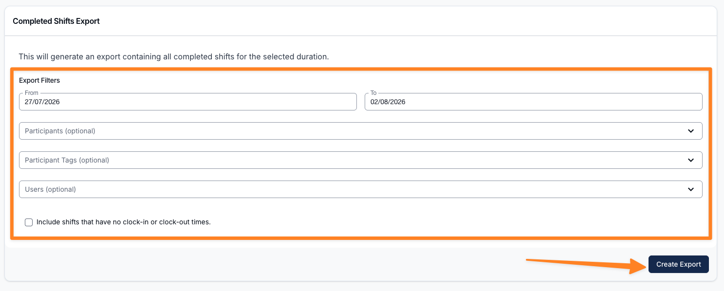 Completed Shifts Export filters showing date range, Participants, Participant Tags, Users, and the include missed clock-in/out option