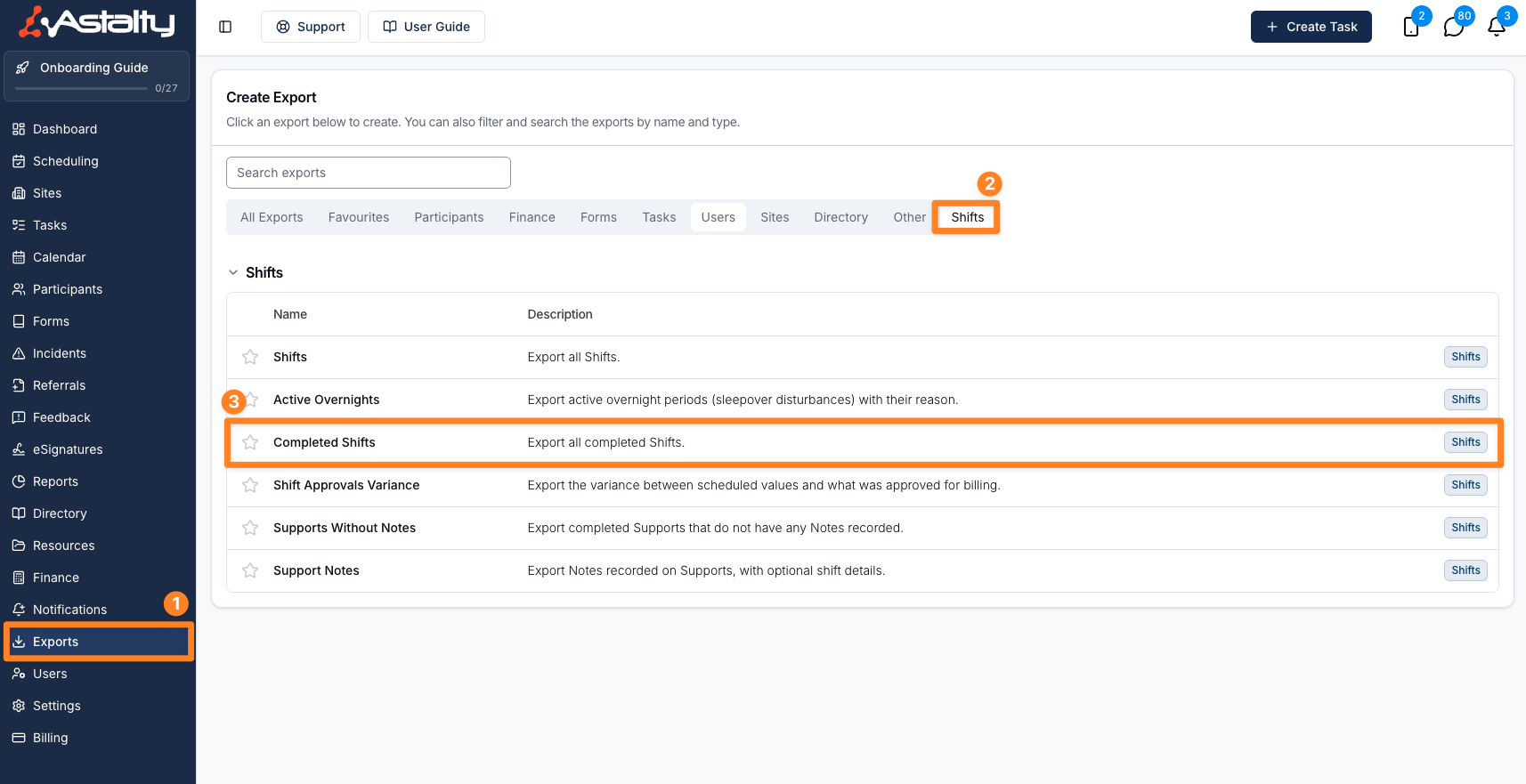 Completed Shifts option in the Shifts category of the Exports page