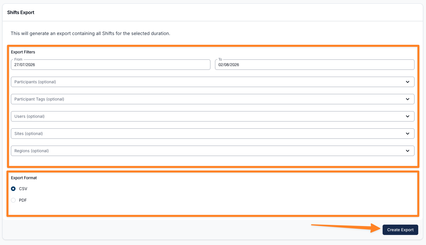 Shifts Export filters showing date range, Participants, Participant Tags, Users, Sites, Regions, and Export Format