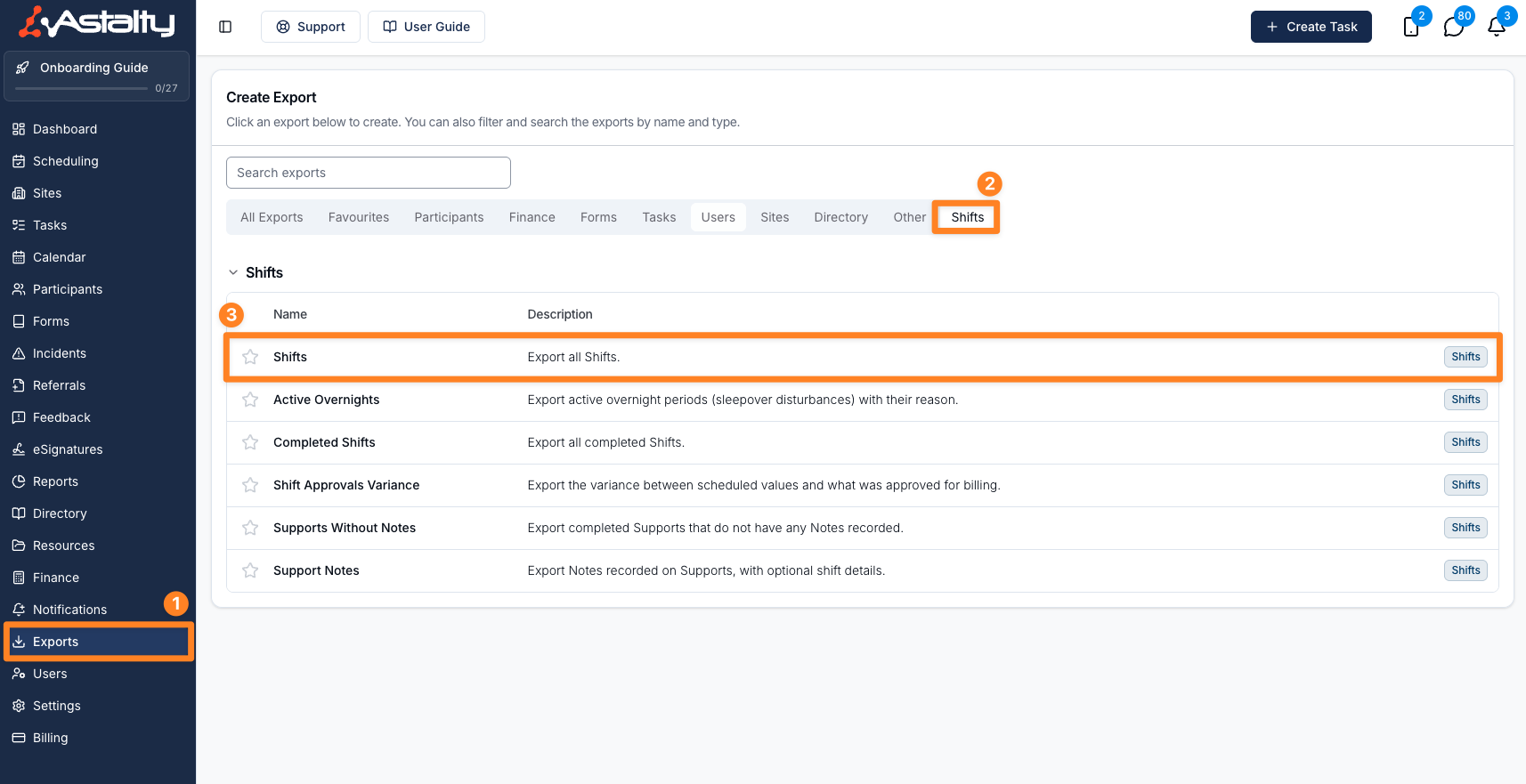 Shifts option in the Shifts category of the Exports page