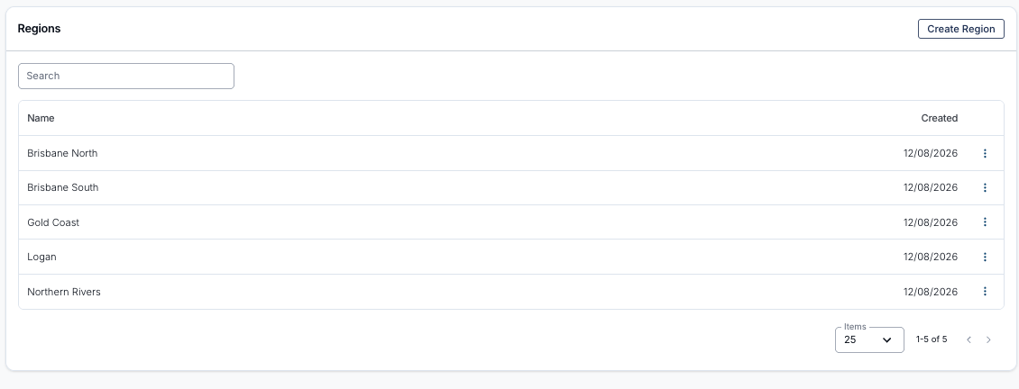 The Regions page in Settings, listing Brisbane North, Brisbane South, Gold Coast, Logan and Northern Rivers with a Create Region button