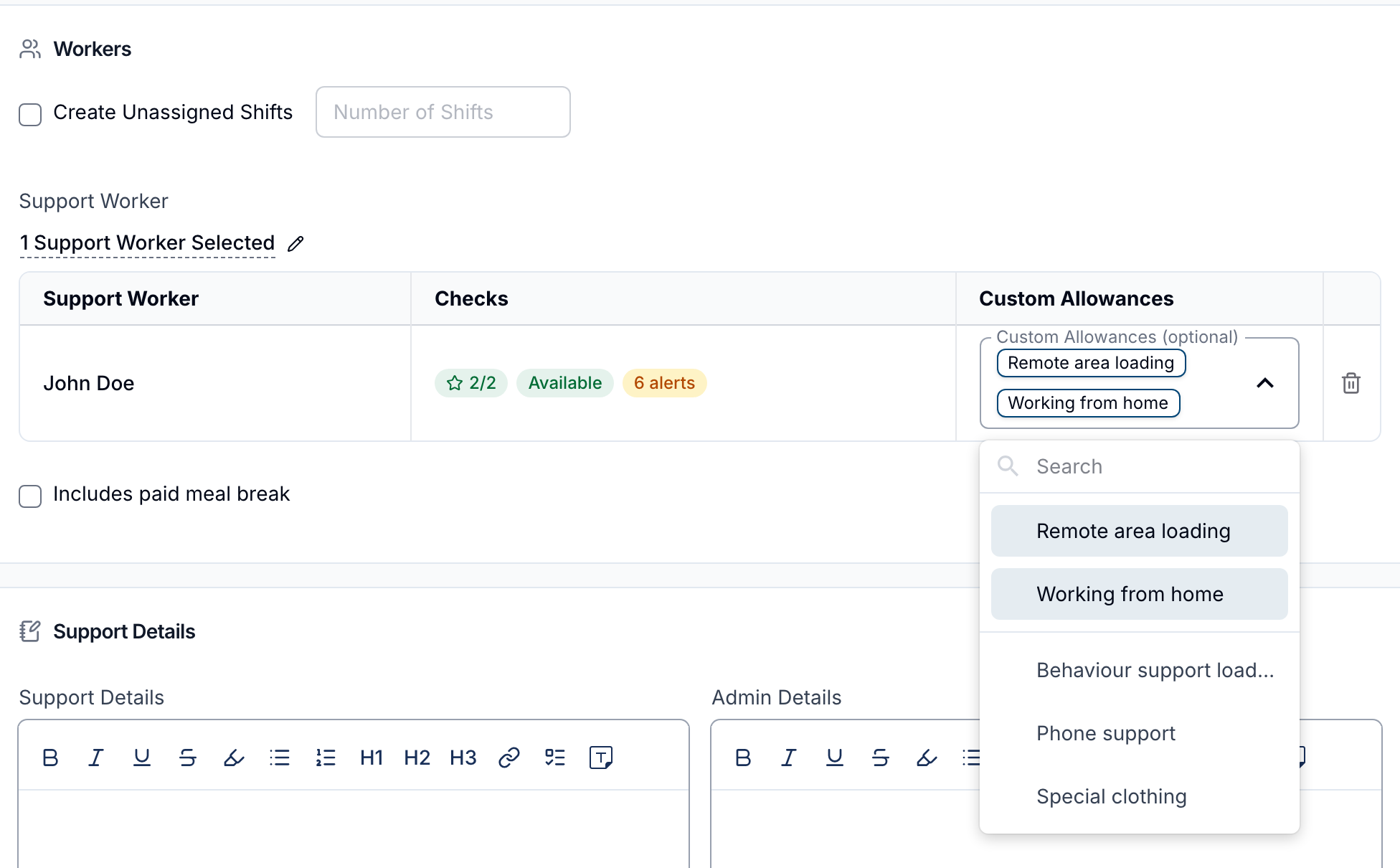 The Workers section of the create support form, with the Custom Allowances (optional) field open on a worker's row and Remote area loading and Working from home selected.