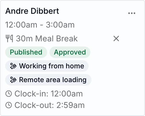 A shift card showing Working from home and Remote area loading badges below the shift's Published and Approved status.