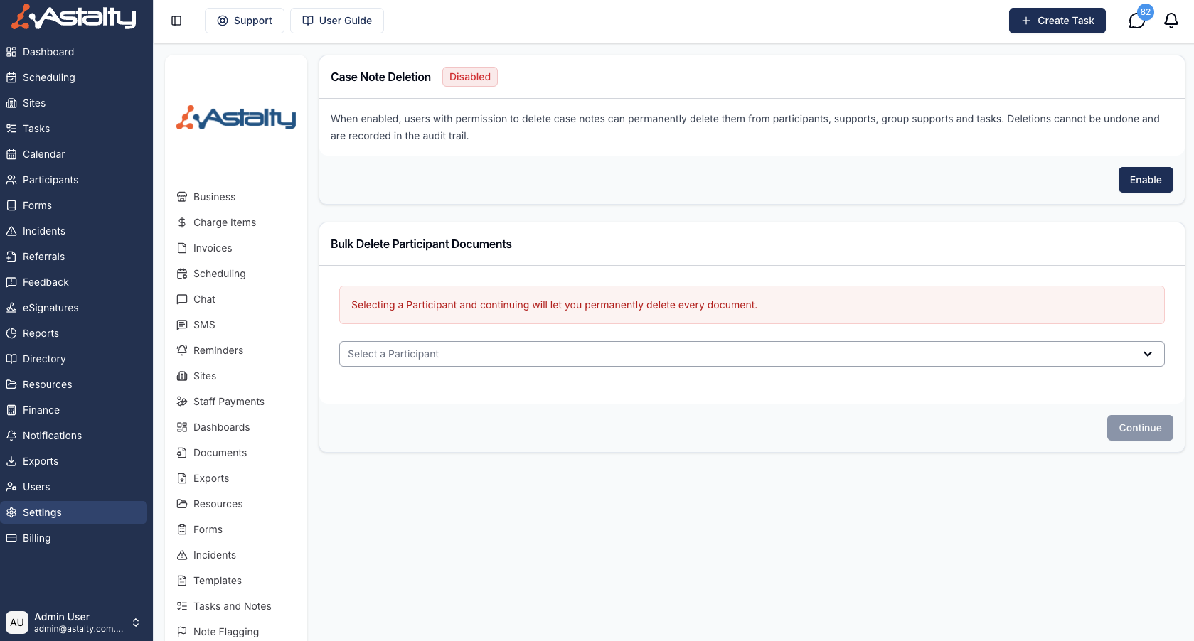 The Data Management settings page with the Case Note Deletion card showing a Disabled status chip and an Enable button