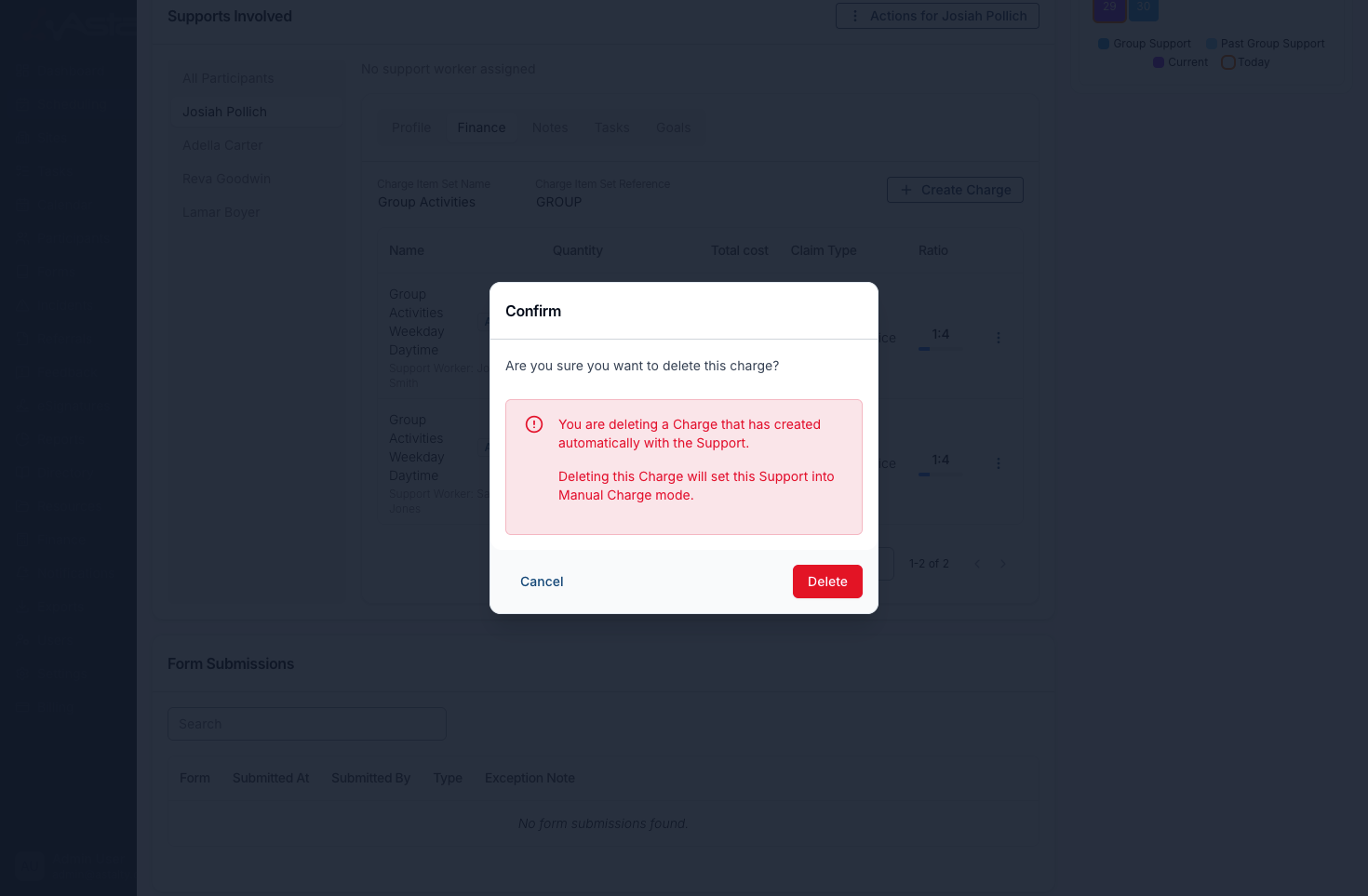 The Confirm dialog warning that deleting an automatically created charge will set the support into Manual Charge mode.