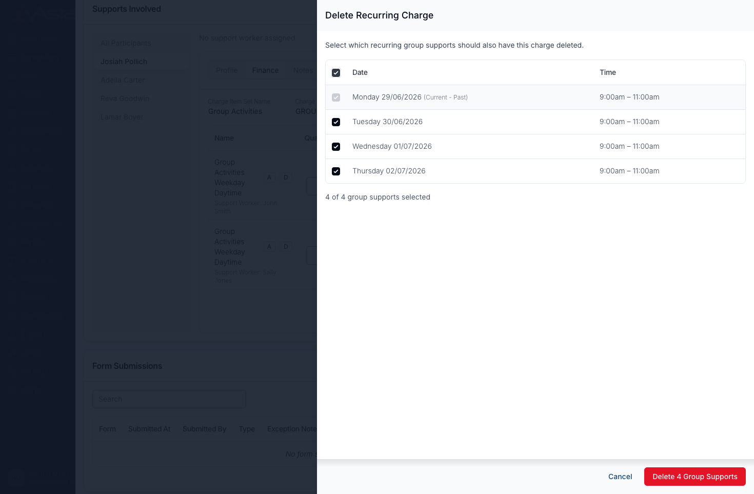 The Delete Recurring Charge dialog listing four dates in a group support series, the current past session ticked and locked, with a running count and a Delete 4 Group Supports button.