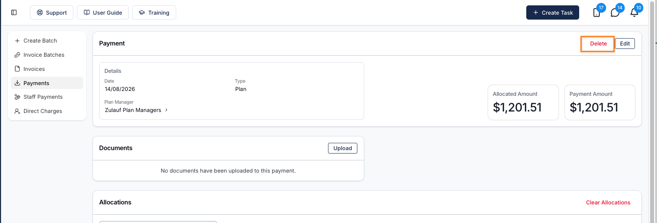 A payment's detail page showing the Payment card with its details, Allocated Amount and Payment Amount, the Delete button highlighted in the top right next to Edit, and the Documents and Allocations cards below with a Clear Allocations button.