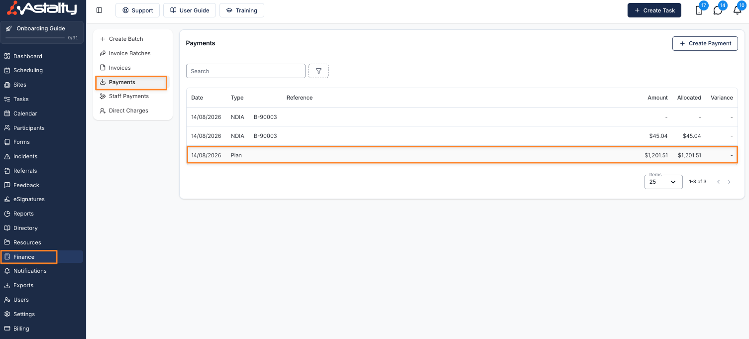 The Payments page in the Finance section, with Finance and Payments highlighted in the navigation and a Plan payment row for $1,201.51 highlighted in the list.
