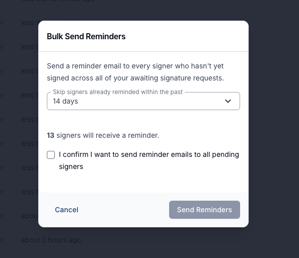 The Bulk Send Reminders window with a 14 day skip window selected and 13 signers due to receive a reminder