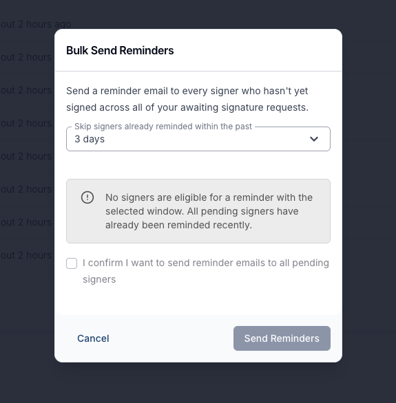 The Bulk Send Reminders window showing that no signers are eligible for a reminder with a 3 day skip window selected
