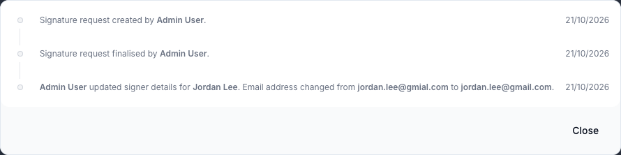 An activity log entry reading: Admin User updated signer details for Jordan Lee. Email address changed from jordan.lee@gmial.com to jordan.lee@gmail.com